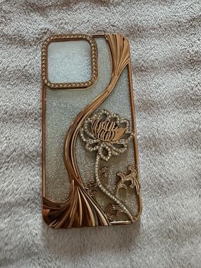 15 Pro Max Rose Gold Floral Glitter Phone Case - Compatible Cell Phone Accessory